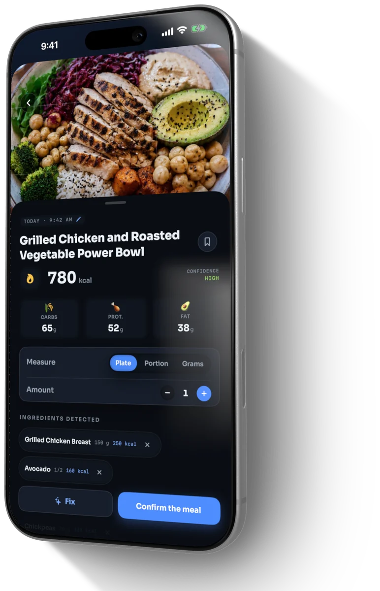 The scan result: grilled chicken and roasted vegetable power bowl, 780 kcal, 52 g protein, 65 g carbs, 38 g fat, and the detected ingredients