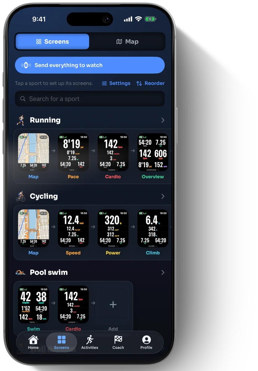 The Screens tab: every sport with its row of watch faces