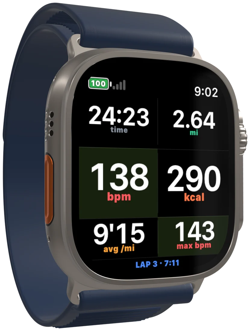 A workout screen on the Apple Watch: time, distance, heart rate, calories