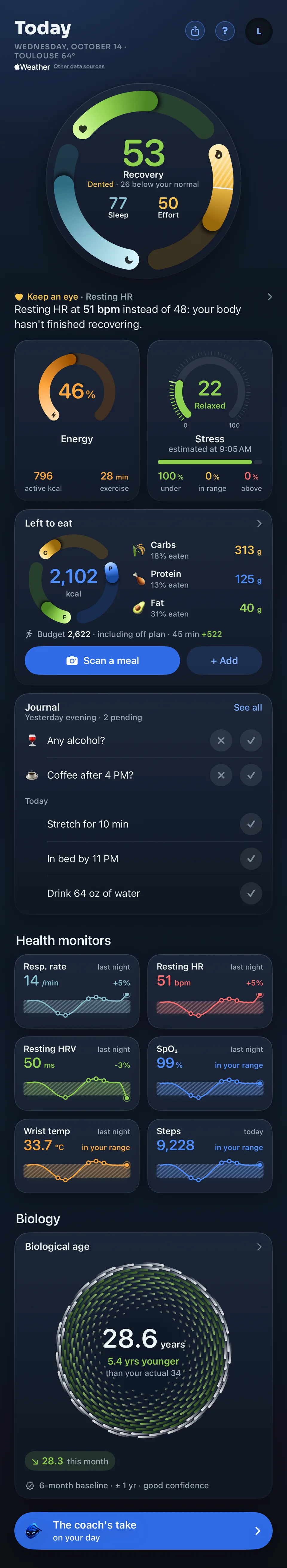 The Cadevia home screen scrolling: recovery, sleep and effort, energy, stress, left to eat, journal, health monitors, biological age